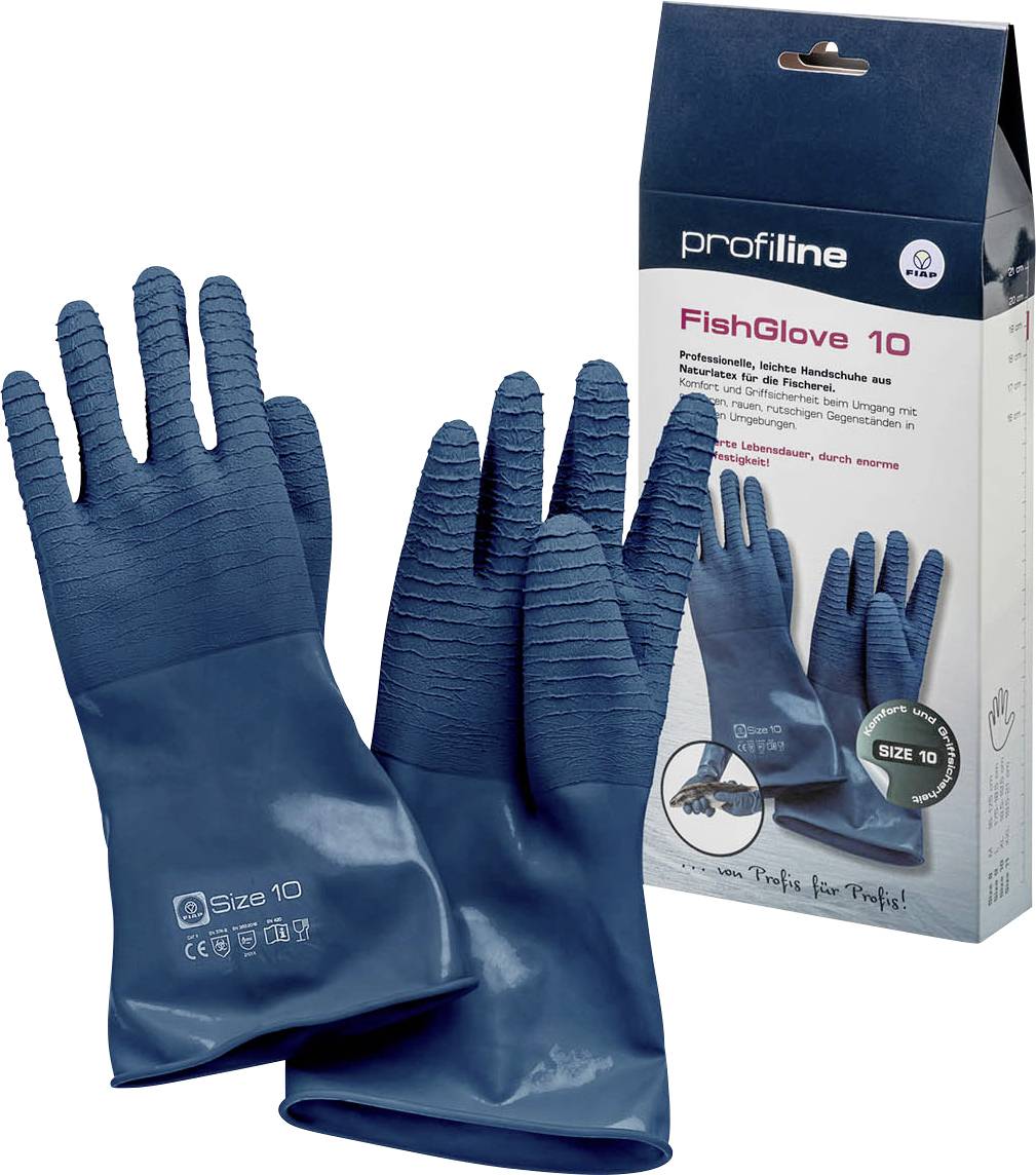 Blaue Schutzhandschuhe mit gerippten Grifffingerspitzen, dargestellt mit der Produktverpackung „FishGlove 10