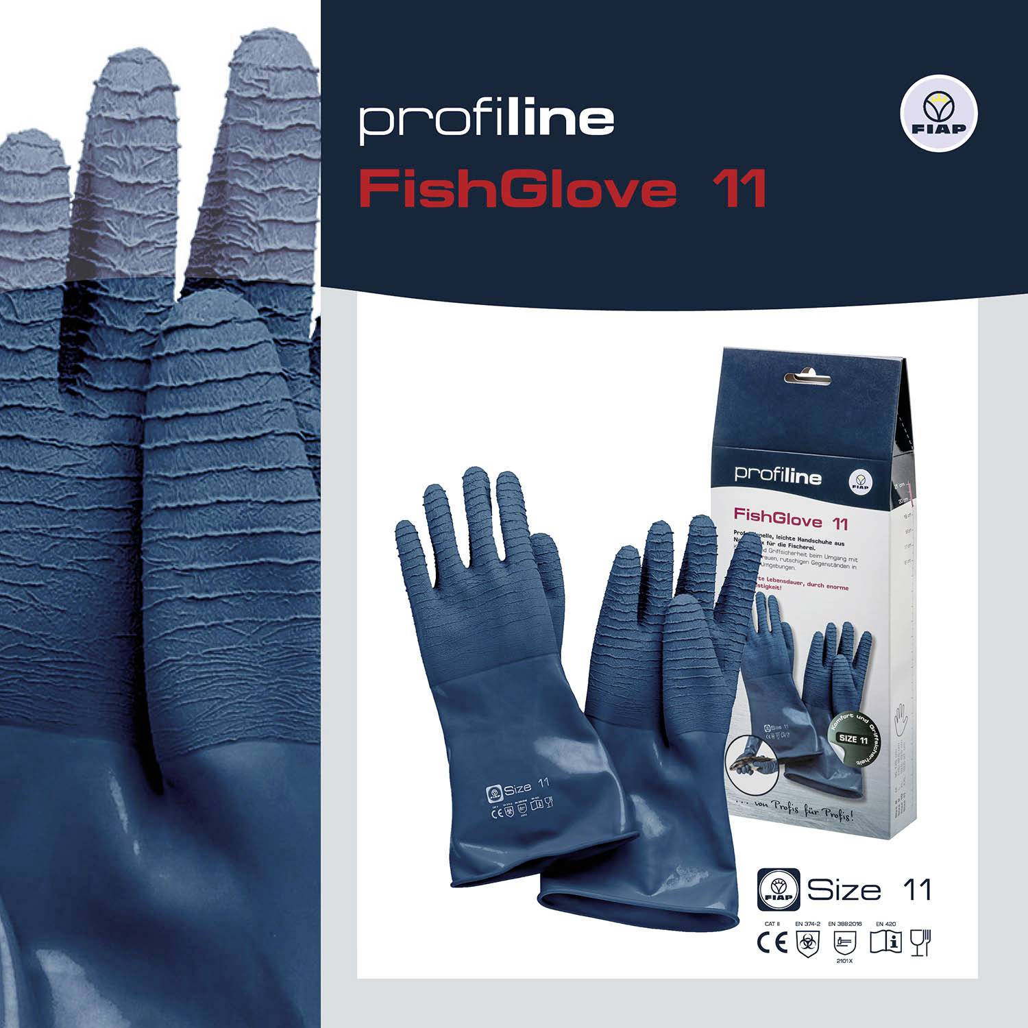 Ein Paar blaue Arbeitshandschuhe mit rutschfester Struktur. Neben den Handschuhen ist die Verpackung abgebildet, die Informationen über die Handschuhgröße und Marke enthält.