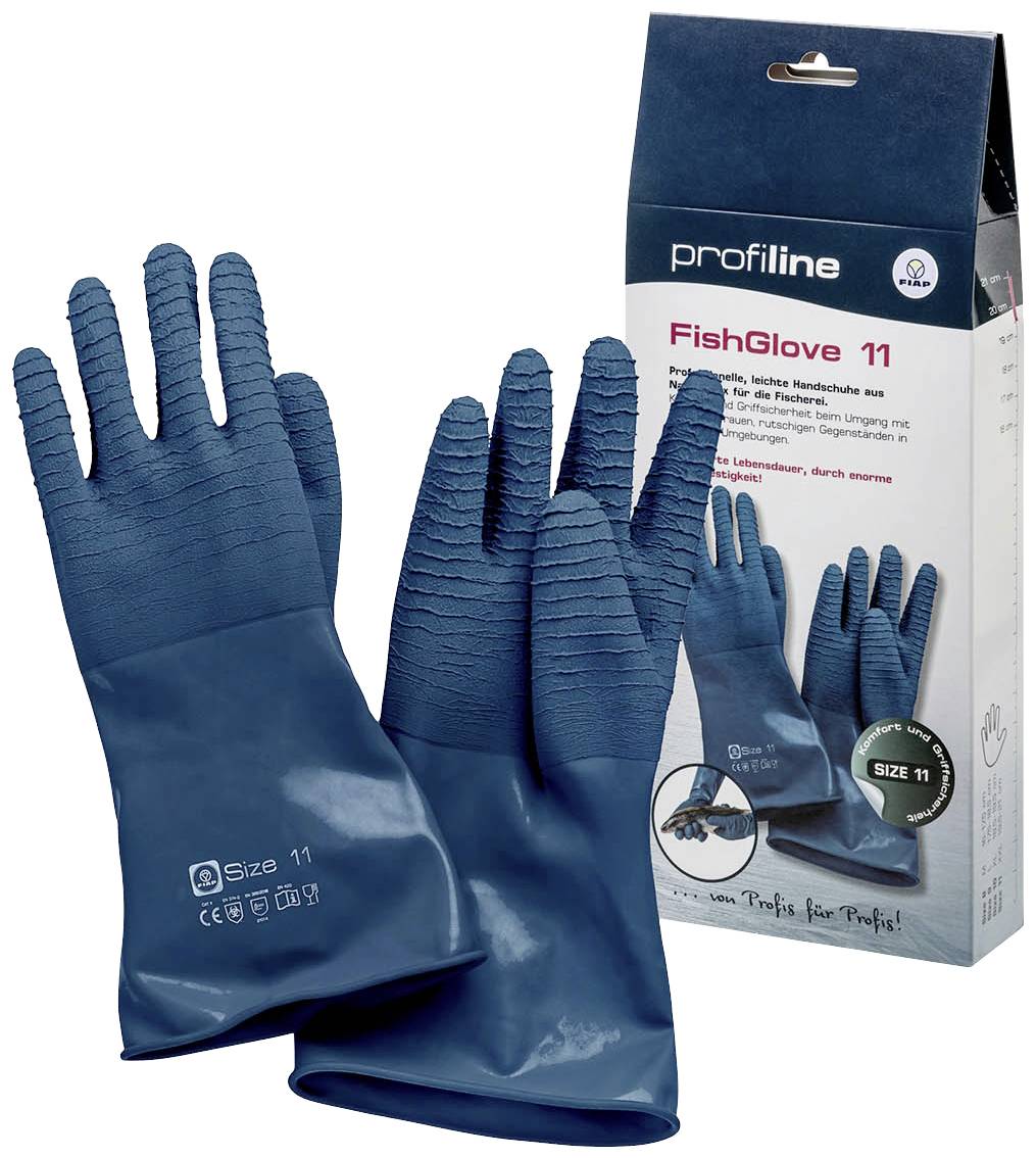 Blaue, strukturierte Gummihandschuhe neben ihrer Verpackung. Die Verpackung zeigt das gleiche Handschuhpaar und den Text 'FishGlove 11'.