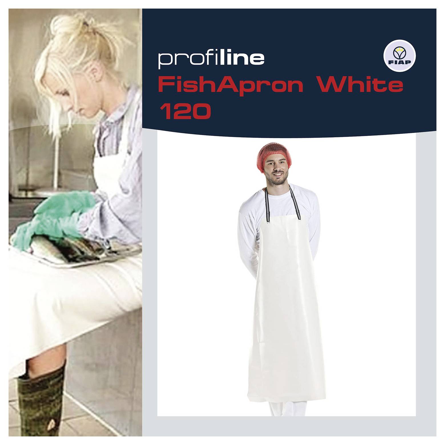 Produktanzeige mit einer weißen FishApron 120 Schürze, einer Person, die sie trägt, und einem kleineren Foto eines Arbeiters, der Fisch reinigt.