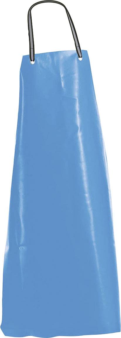 Blaue Schutzschürze mit schwarzer Nackenscchleife, Vorderansicht auf weißem Hintergrund.