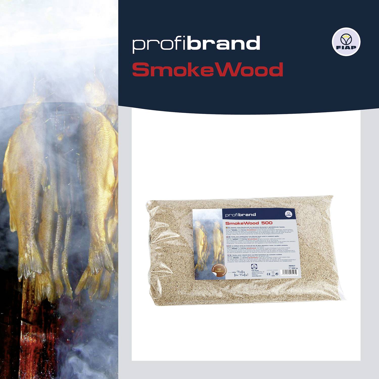'Profibrand SmokeWood' zeigt geräucherte Fische und eine Verpackung mit Räuchermehl. Eignet sich für das Räuchern zahlreicher Lebensmittel.