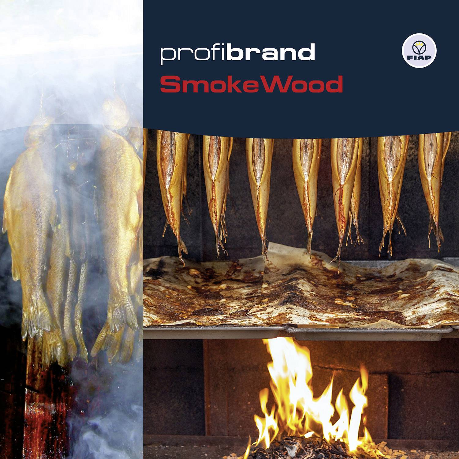 Räucherofen mit hängenden Fischen und Flammen darunter, Werbebild für 'profibrand SmokeWood'.