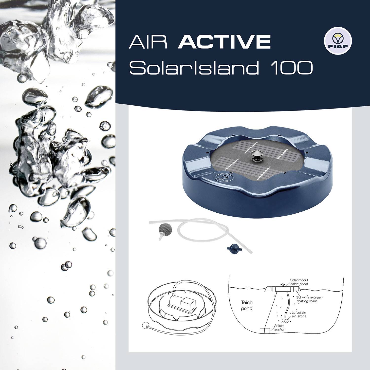 'Air Active Solar Island 50' Pumpe für Teichbelüftung mit Solarzelle, Kabel, und Sprudelstein. Installationsdiagramm rechts unten.