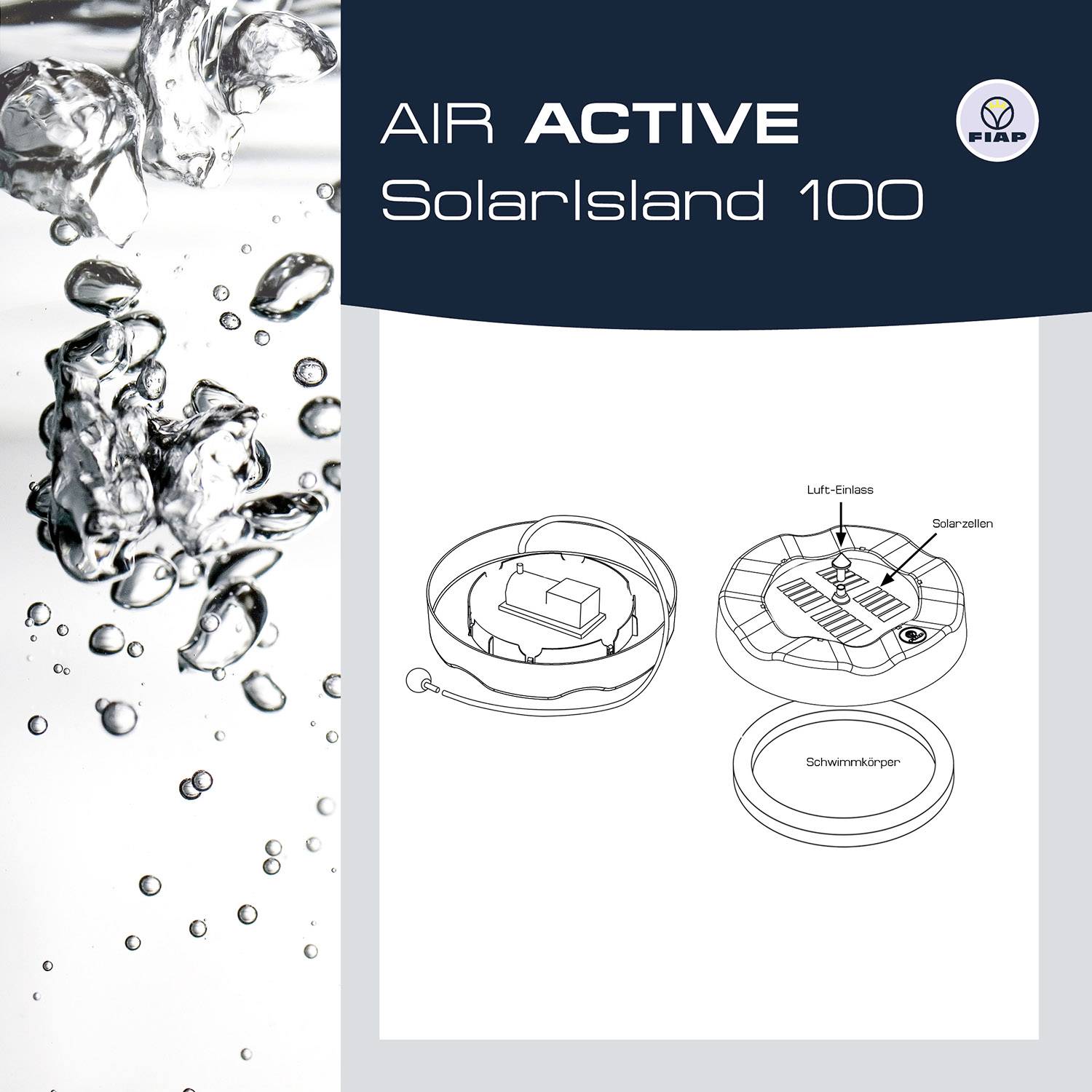 'Solar Active' Qualitätssiegel auf dunkelblauem Hintergrund, symbolisiert innovative und hochwertige Solarprodukte. Links ein Sonnenuntergang am See mit Vögeln am Himmel.