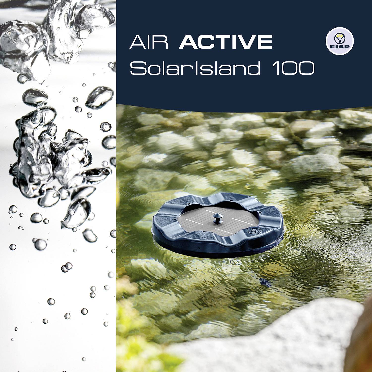 Zwei Bilder von Blasen in Wasser, links transparenter Hintergrund, rechts blauer Hintergrund. Text 'AIR ACTIVE' und Logo oben rechts.
