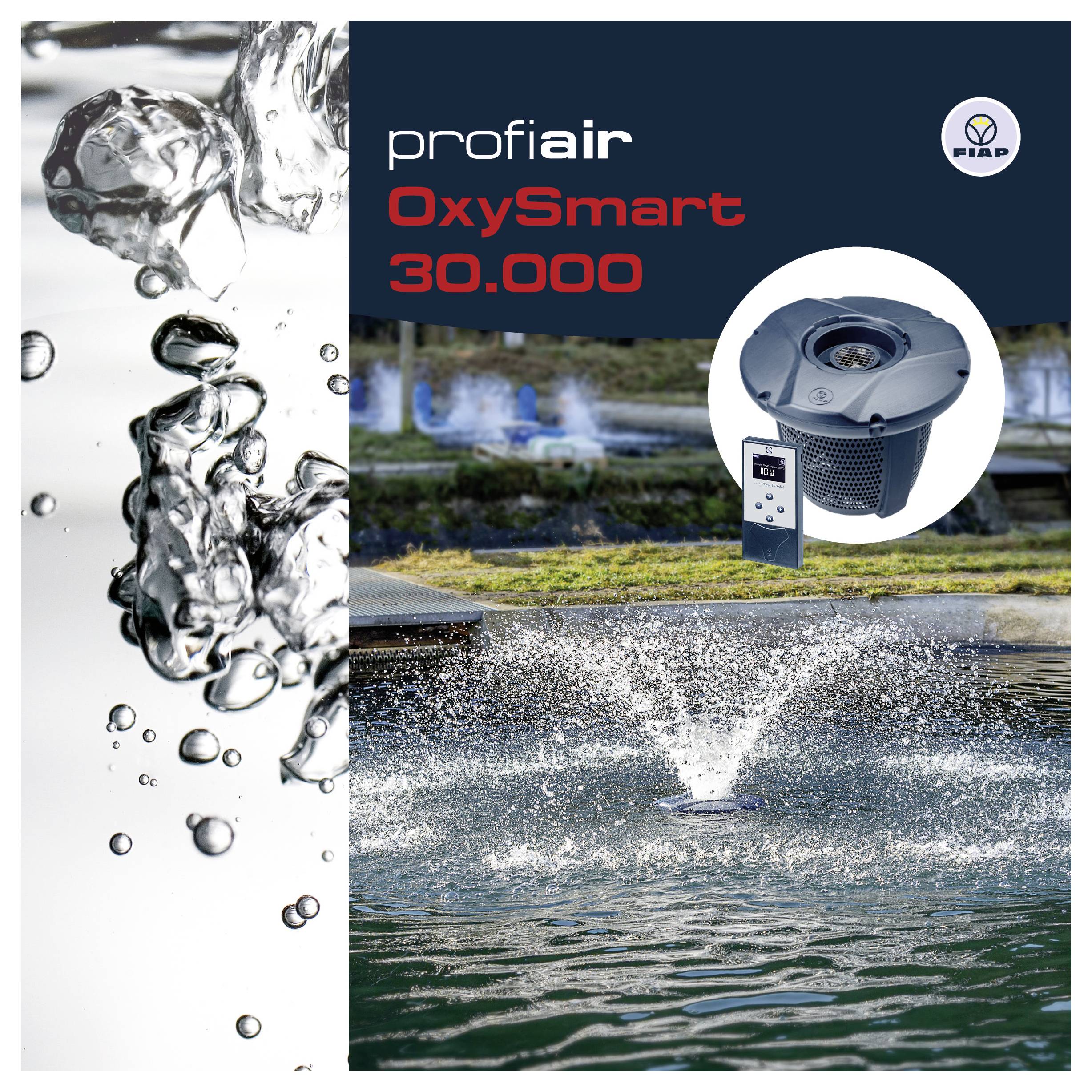 Werbebild für das ProfiAir OxySmart 30.000 Belüftungssystem, das einen Teichbelüfter mit Wasserspray und eine Nahaufnahme des Geräts mit Steuerung zeigt.