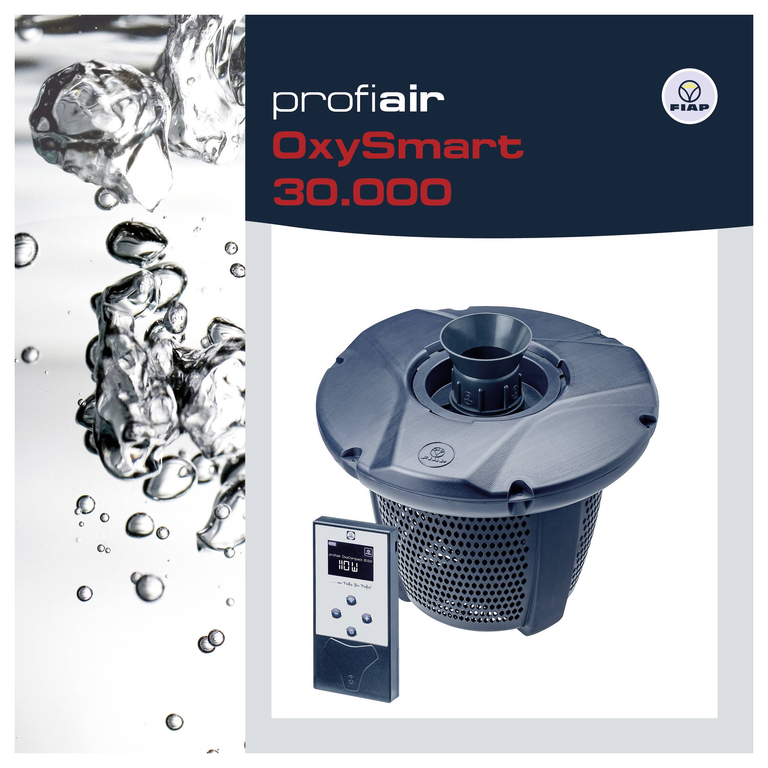 Produktbild für 'Profiair OxySmart 30.000' zeigt eine blaue Pool-Belüftungs-/Filtrationsanlage und Bedienfeld mit Wasserspritzergrafik und FIAP-Logo.
