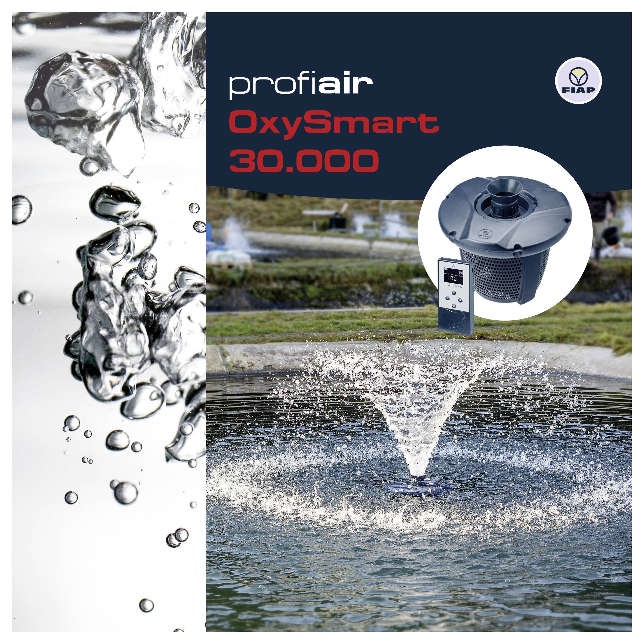 Werbebild für profiair OxySmart 30.000, das ein Wasserlüftungsgerät und einen Controller über einem Springbrunnen zeigt, der in einen Teich spritzt, mit Wassersplash-Bildern auf der linken Seite.