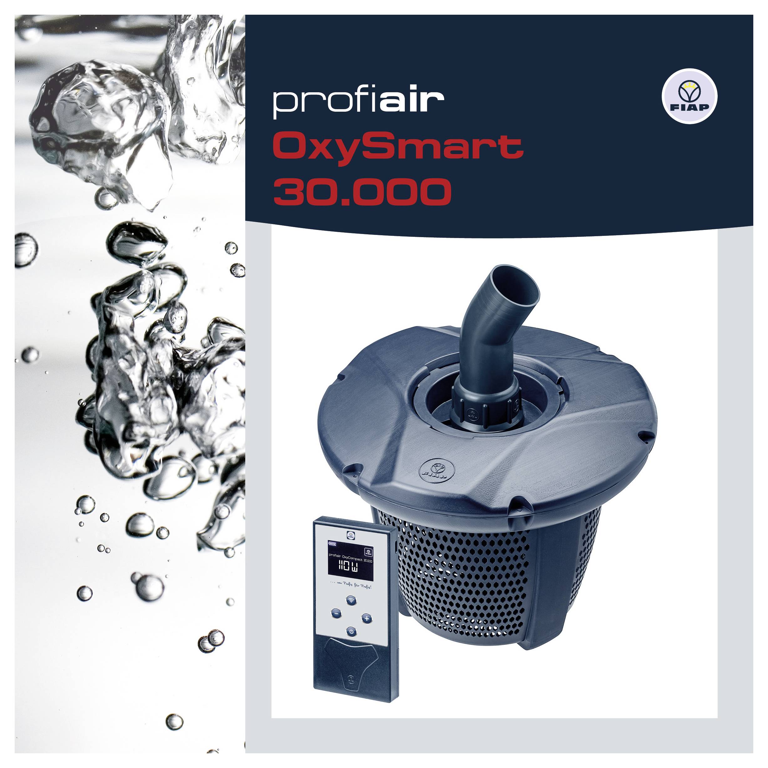 Werbebild des profiair OxySmart 30.000 mit einer dunkelblau Luftpumpe und Bedienfeld neben Wasserblasen, sowie FIAP-Logo.