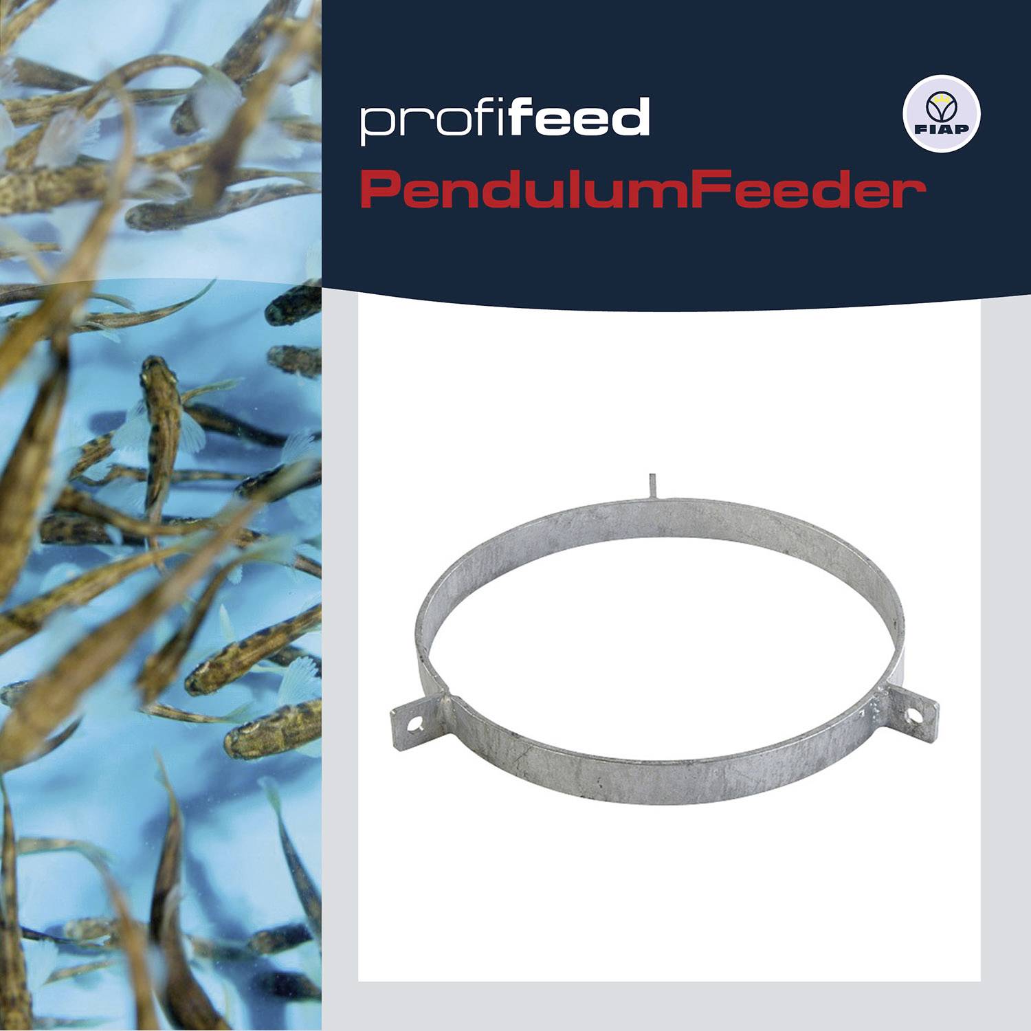 'ProfiFeed Pendulum Feeder' auf blauem und weißem Hintergrund. Links sind Fische in blauem Wasser sichtbar. Logo in der oberen rechten Ecke.