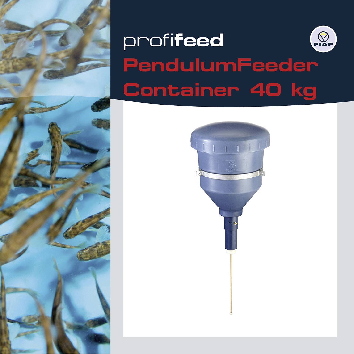 Profilbild des PendulumFeeder-Containers 40 kg von FIAP. Links Fische im Wasser. Hauptkomponenten des Futtersystems gezeigt.
