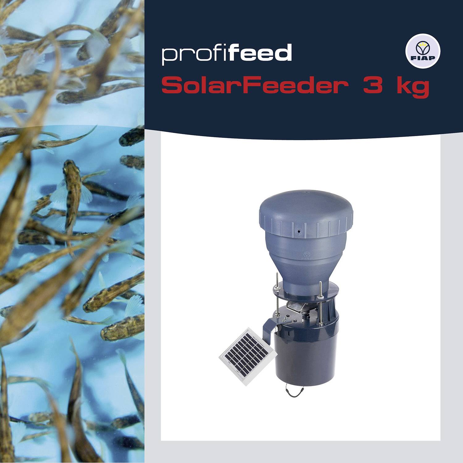 'profifeed SolarFeeder 3 kg' abgebildet. Links schwimmende Fische in klarem Wasser, rechts Gerät mit Solarmodul.