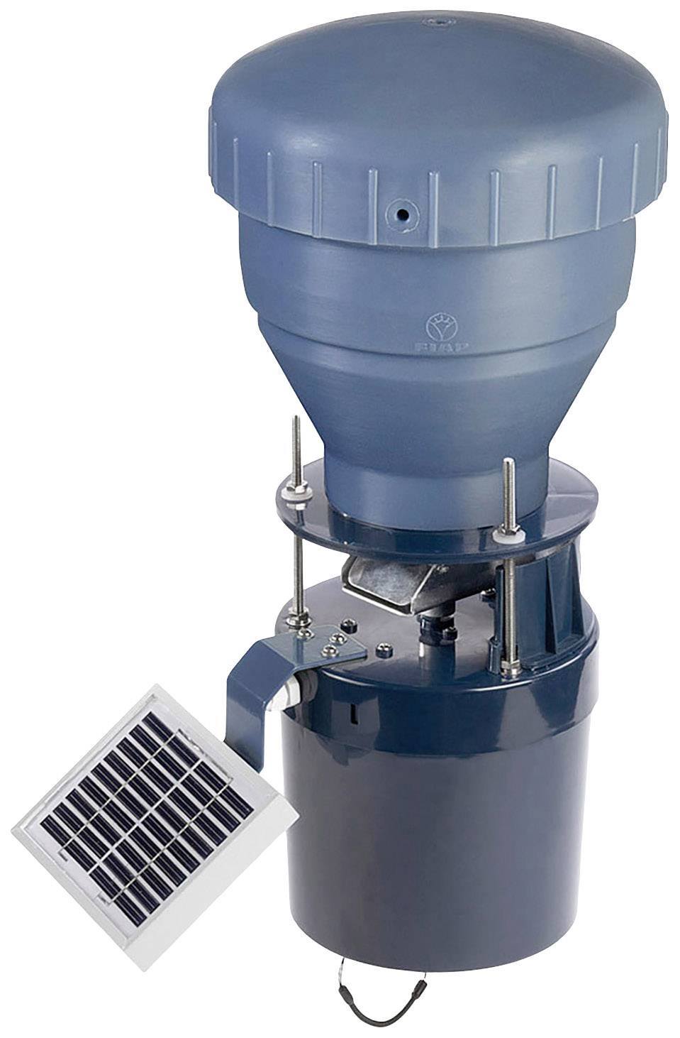 Niederschlagsmessgerät mit solarbetriebenem Sensor zur Wetterüberwachung. Enthält blauen Behälter und montiertes Solarpanel.