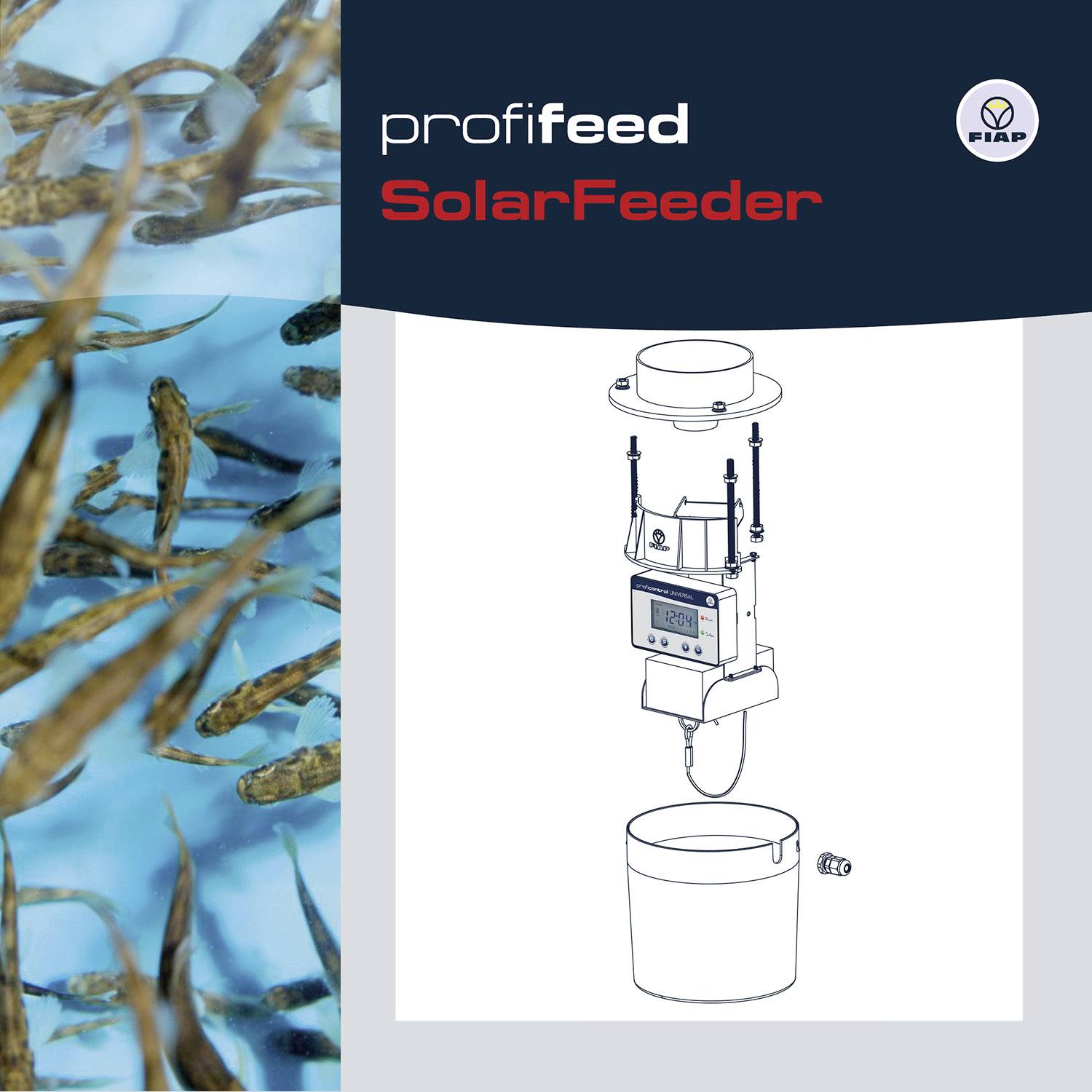 Profil der Profifeed SolarFeeder-Anlage, rechts technische Zeichnung der Fütterungsmaschine, links Nahaufnahme von Fischen im Wasser.