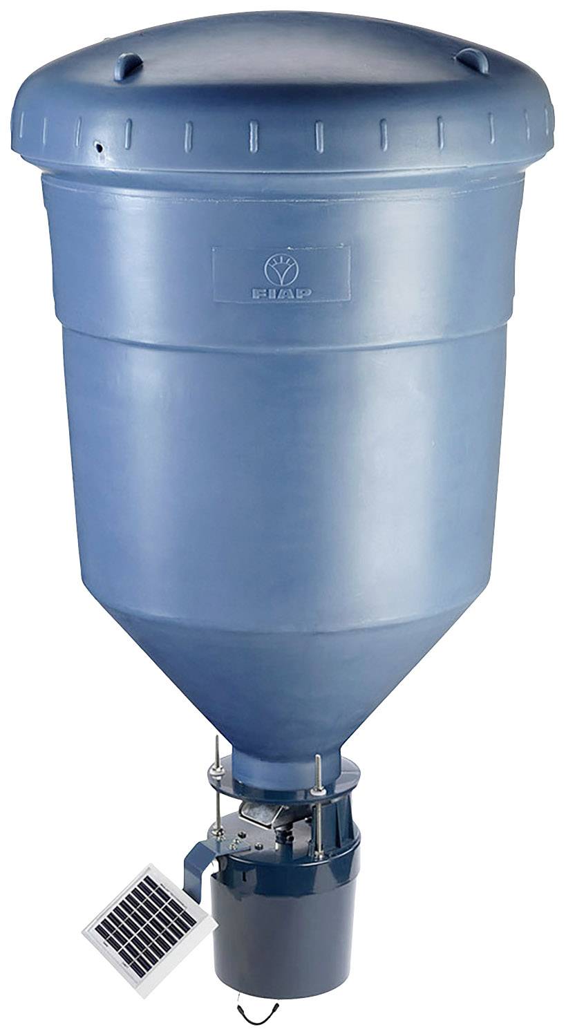 Ein blauer Futtersilo mit rundem Deckel und trichterförmigem Boden. Ein solarbetriebenes Steuerungsmodul ist an der Unterseite angebracht.