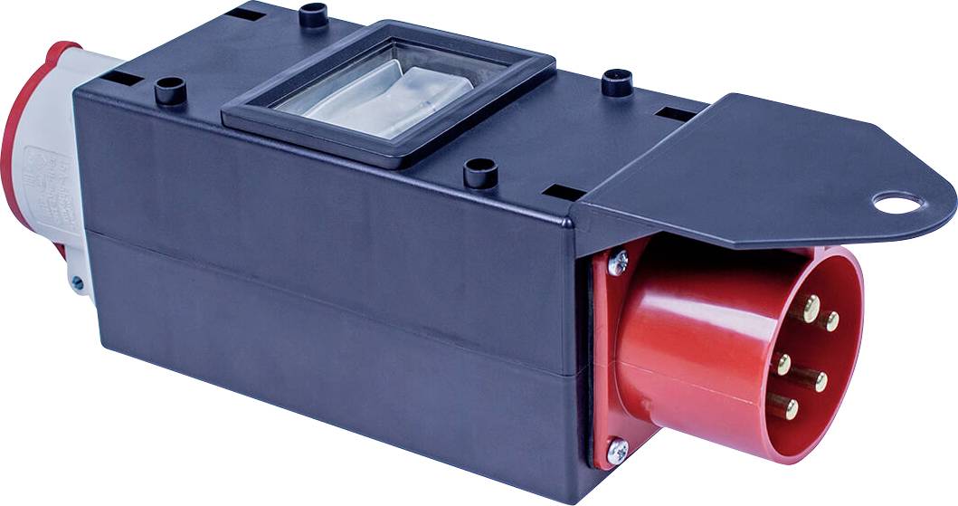 Elektrischer Industriestecker, roter Anschluss für Starkstrom, schwarzes Gehäuse mit durchsichtigem Abdeckungsfenster.
