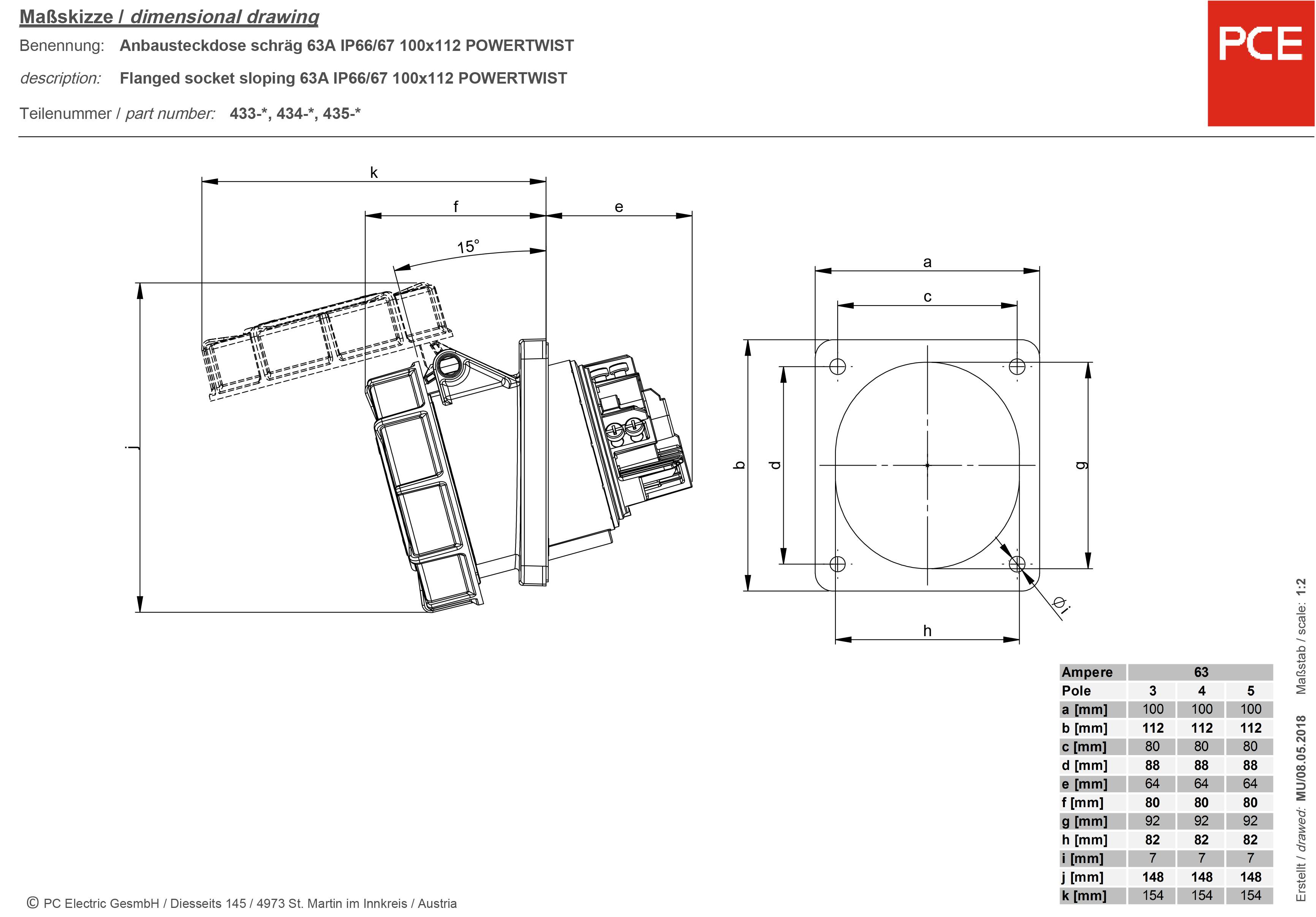 PCE Power Twist 435-6 CEE Anbaudose 63A 5polig 400V 1St.