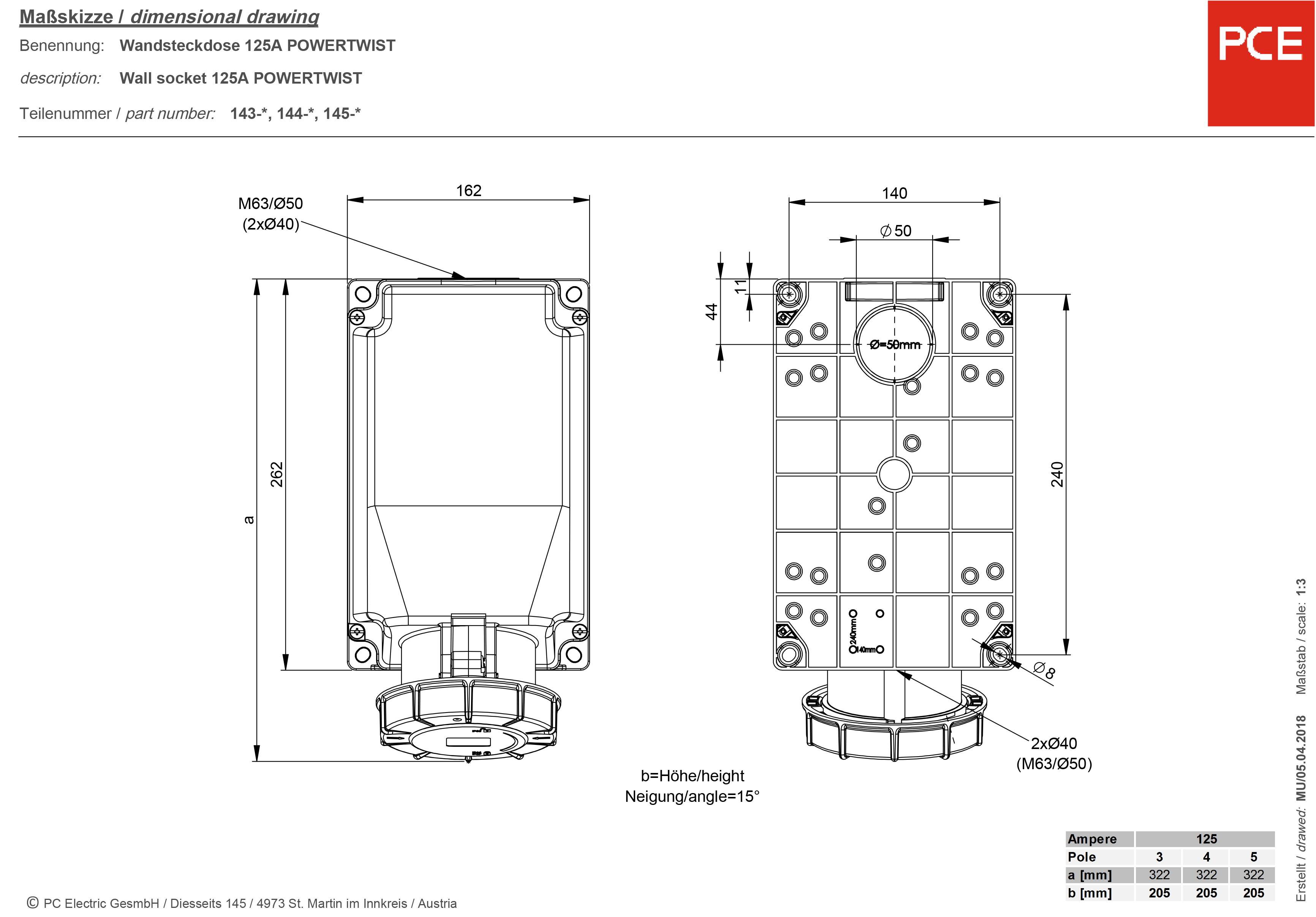 PCE Twist 145-6 CEE Wandsteckdose 125A 5polig 400V 1St.