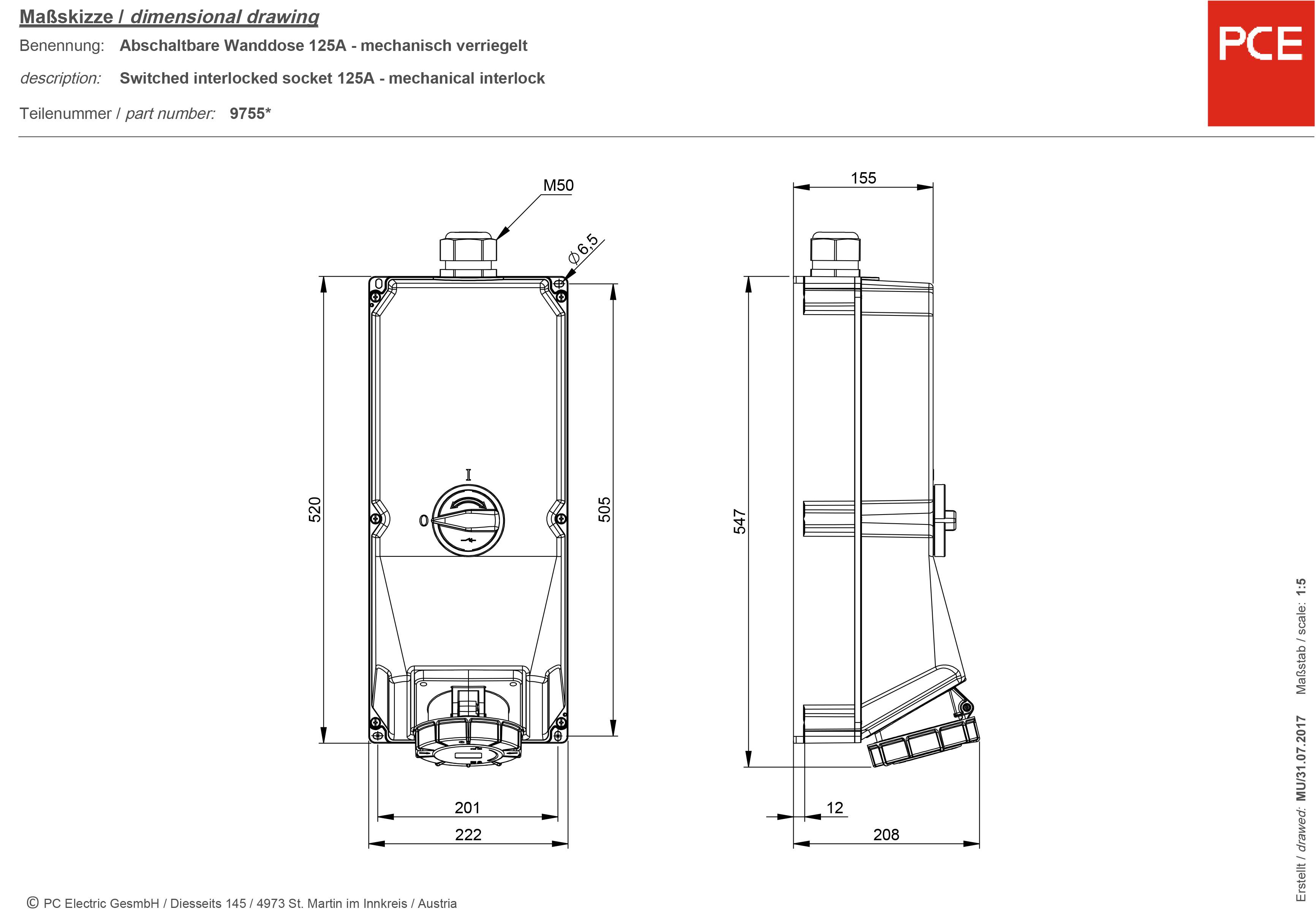 Technische Zeichnung einer abschaltbaren Wanddose, 125A, mechanisch verriegelt, mit Maßen und Anschlüssen; PCE-Logo rechts oben.