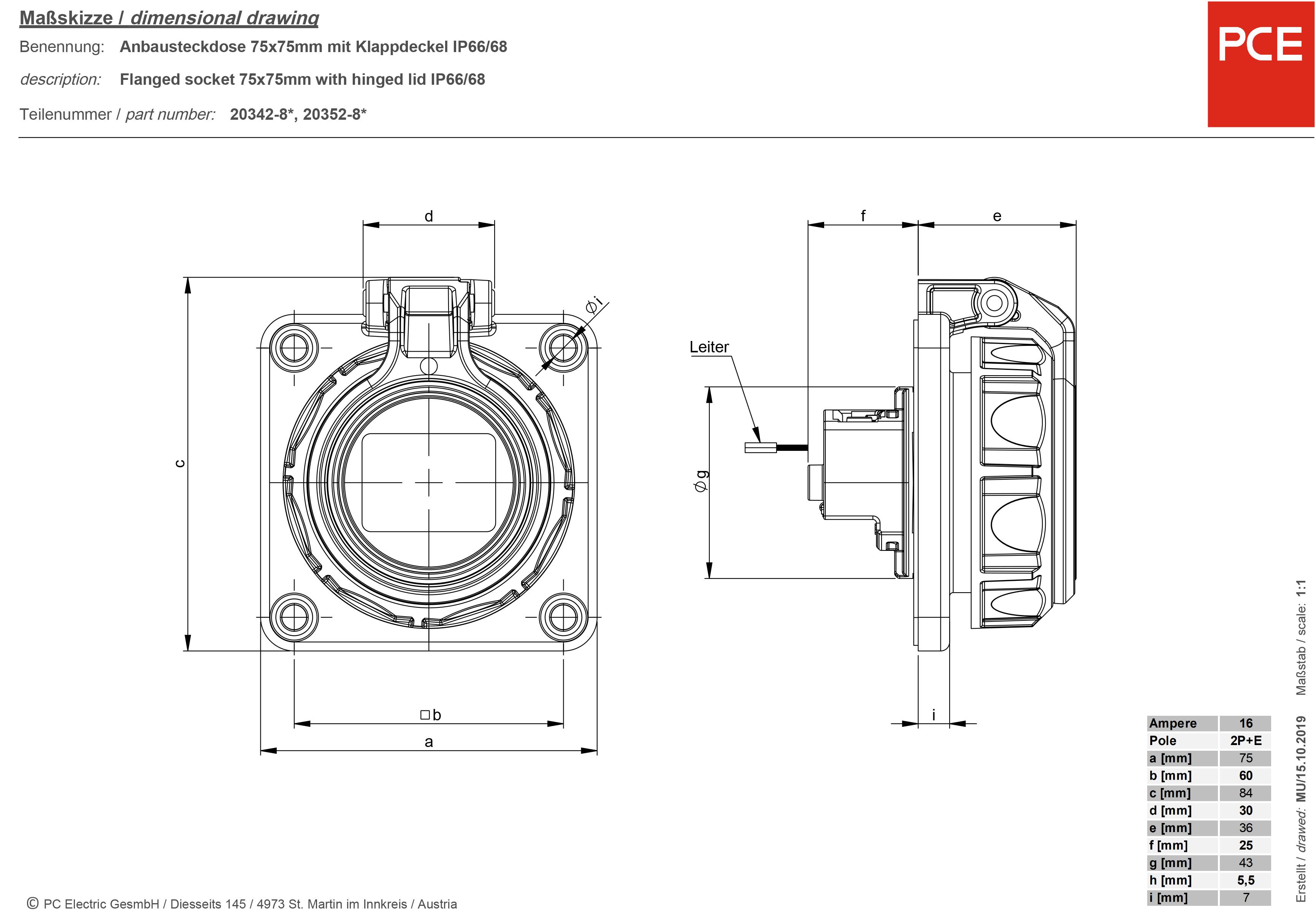 Technische Zeichnung einer Flanschsteckdose 75x75mm mit Klappdeckel IP66/68, Ansicht von vorne und Seite. Teile sind bemaßt.