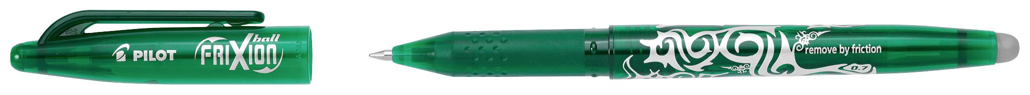 Ein grüner Kugelschreiber mit der Aufschrift 'Frixion Ball' von Pilot. Der Stift hat einen abnehmbaren Deckel und ein Radiergummi-Endstück.