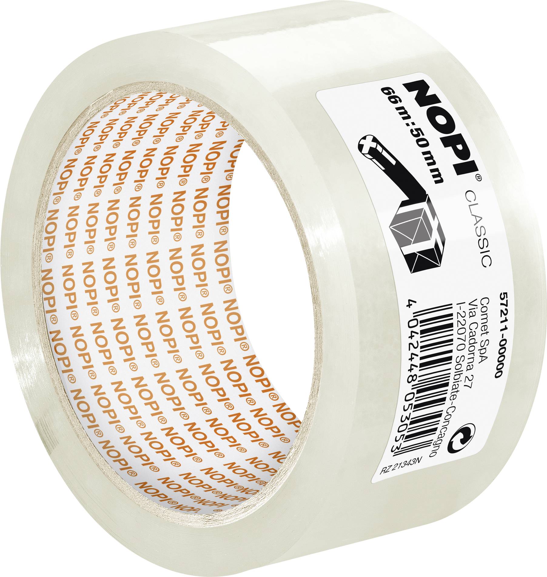 Eine Rolle durchsichtiges Klebeband der Marke 'NOPI', 66m lang und 50mm breit, mit schwarzer und oranger Schrift auf dem Etikett.