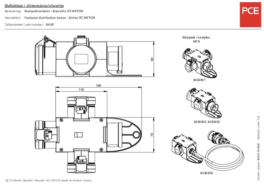 Technische Zeichnung eines Geräts mit Maßen in Millimetern, Produktname 'ST.ANTON', Probenbilder darunter, PCE-Logo oben rechts.