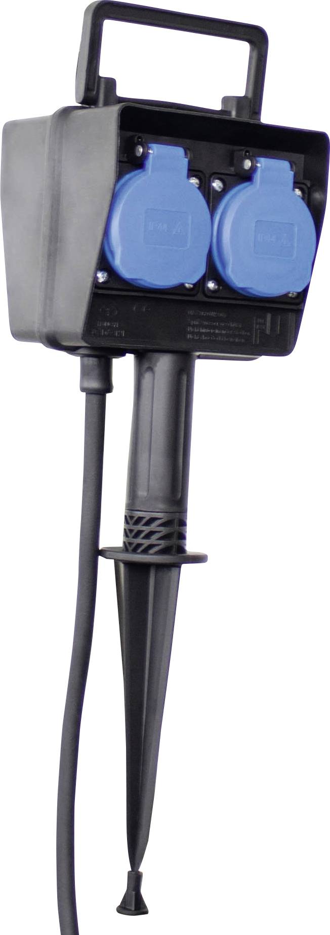 Stromversorgungspfahl für den Außenbereich mit zwei blauen Steckdosenkappen und einem Griff, konzipiert für Garten- oder Außenanwendungen.