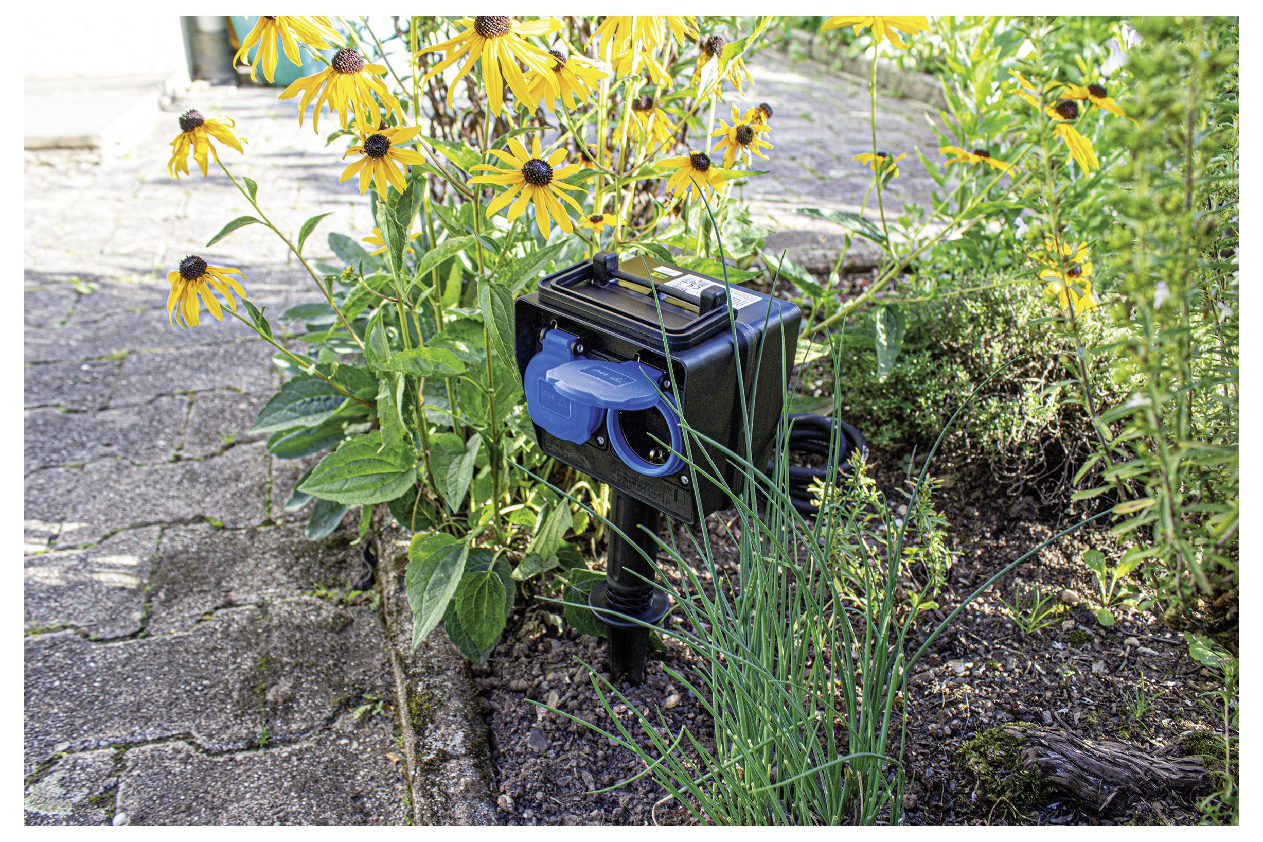 Ein Gartenbewässerungstimer mit einem blauen Ventil ist neben leuchtend gelben Blumen und Grünpflanzen auf einem Steinweg installiert und einsatzbereit.
