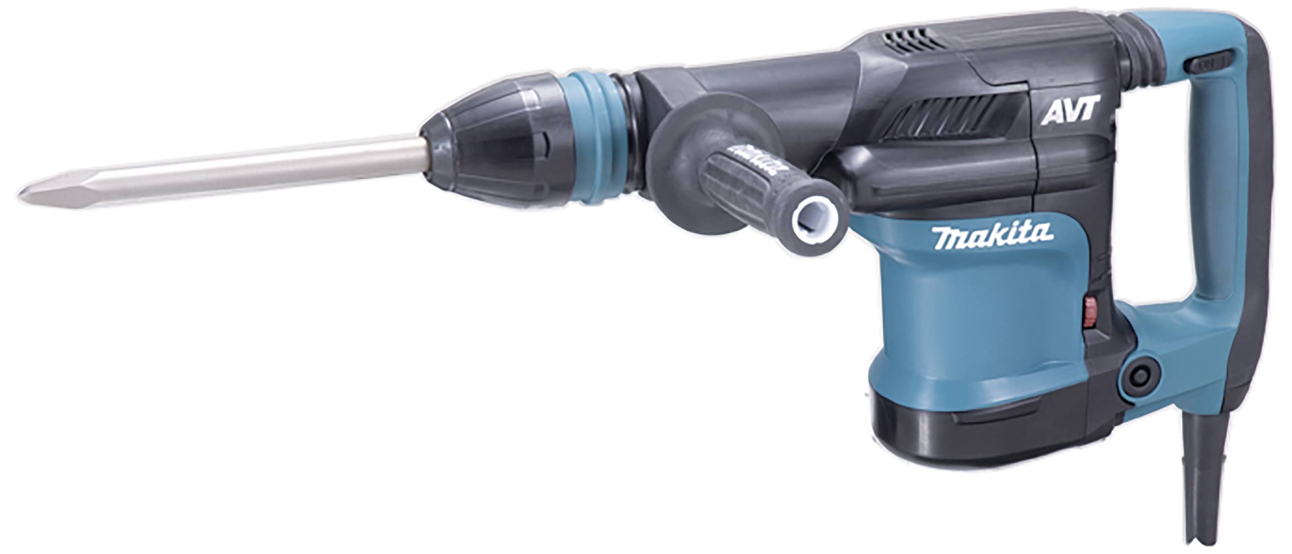 Ein blauer und schwarzer Bohrhammer mit langem Bohrer, geeignet für schwere Bohrarbeiten. Markenname 'Makita' auf dem Gerät sichtbar.