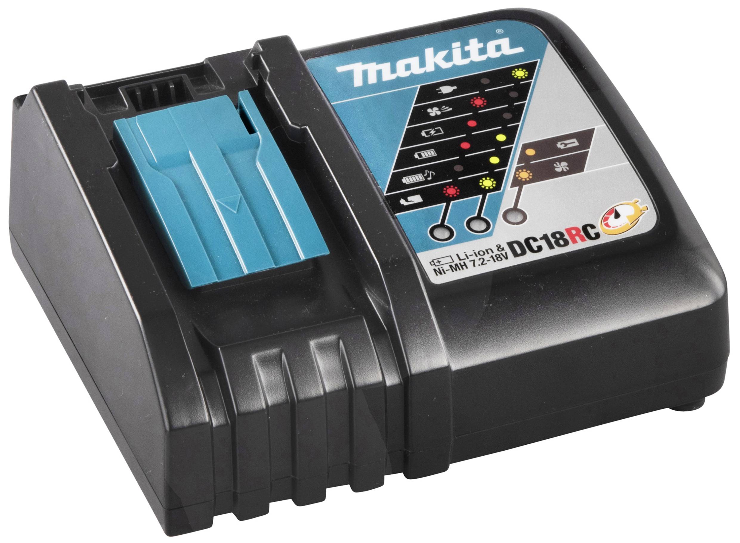 Makita Akkuladegerät DC18RC mit Statusanzeigeleuchten für Ladestandsinformationen, geeignet für Li-Ion und NiMH Akkus.