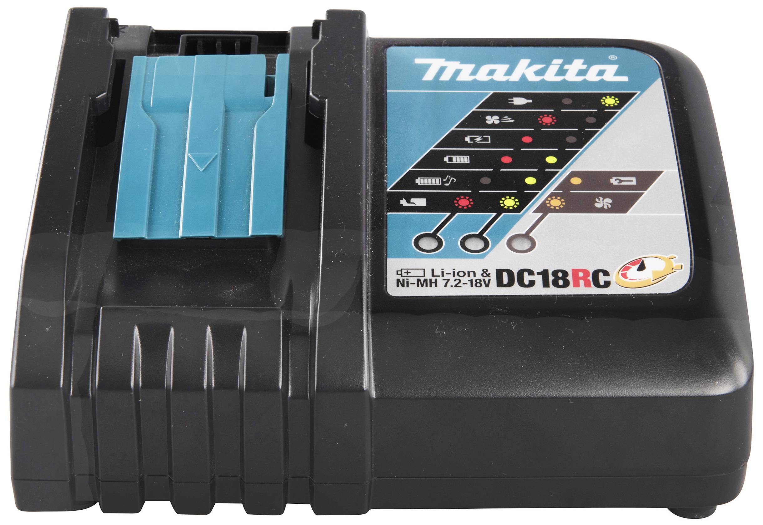 Ein schwarzes Ladegerät der Marke Makita für Li-Ion- und Ni-MH-Akkus mit mehreren Kontrollleuchten für Ladestatus und Funktionen.
