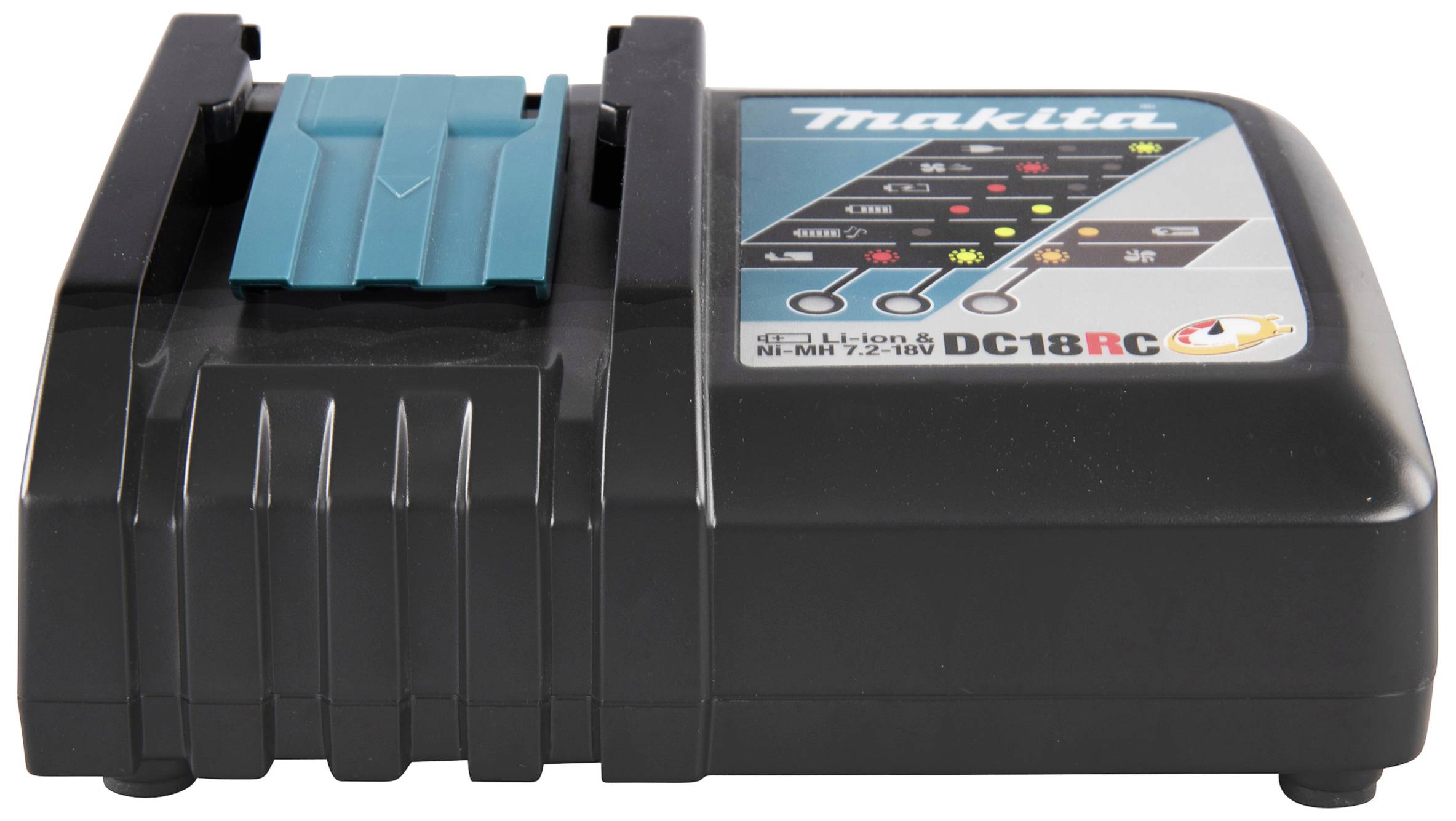 Schwarz-blaues Makita-Ladegerät 'DC18RC' mit Ladezustandsanzeige und Akku-Dock oben.