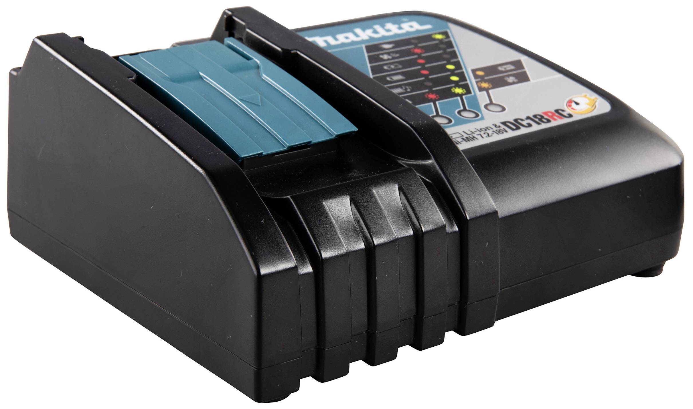 Schwarzes Makita Akku-Ladegerät mit blauer Abdeckung und LED-Anzeige. Geeignet zum Laden von Werkzeugbatterien.