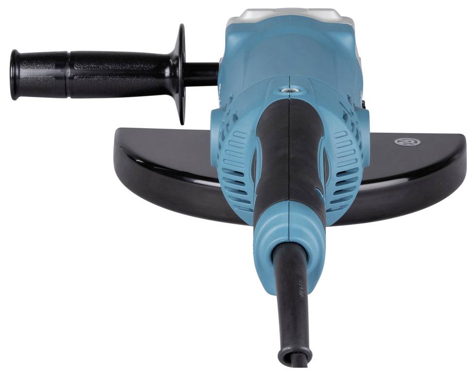 Ein petrol- und schwarzes elektrisches Werkzeug, das einer Bohrmaschine oder einem Mixer ähnelt, mit zwei Griffen für bessere Handhabung, das für schwere Arbeiten konzipiert ist.