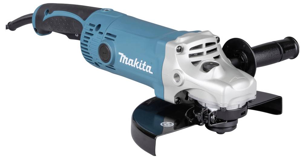 Ein blauer Makita Winkelschleifer mit schwarzem Griff und Schutzhaube, konzipiert für Schneid- und Schleifarbeiten.