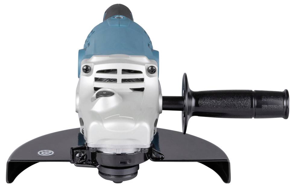 Eine blaue und silberne elektrische Winkelschleifer mit schwarzem Seitengriff und Schutzhaube, von vorne gesehen.
