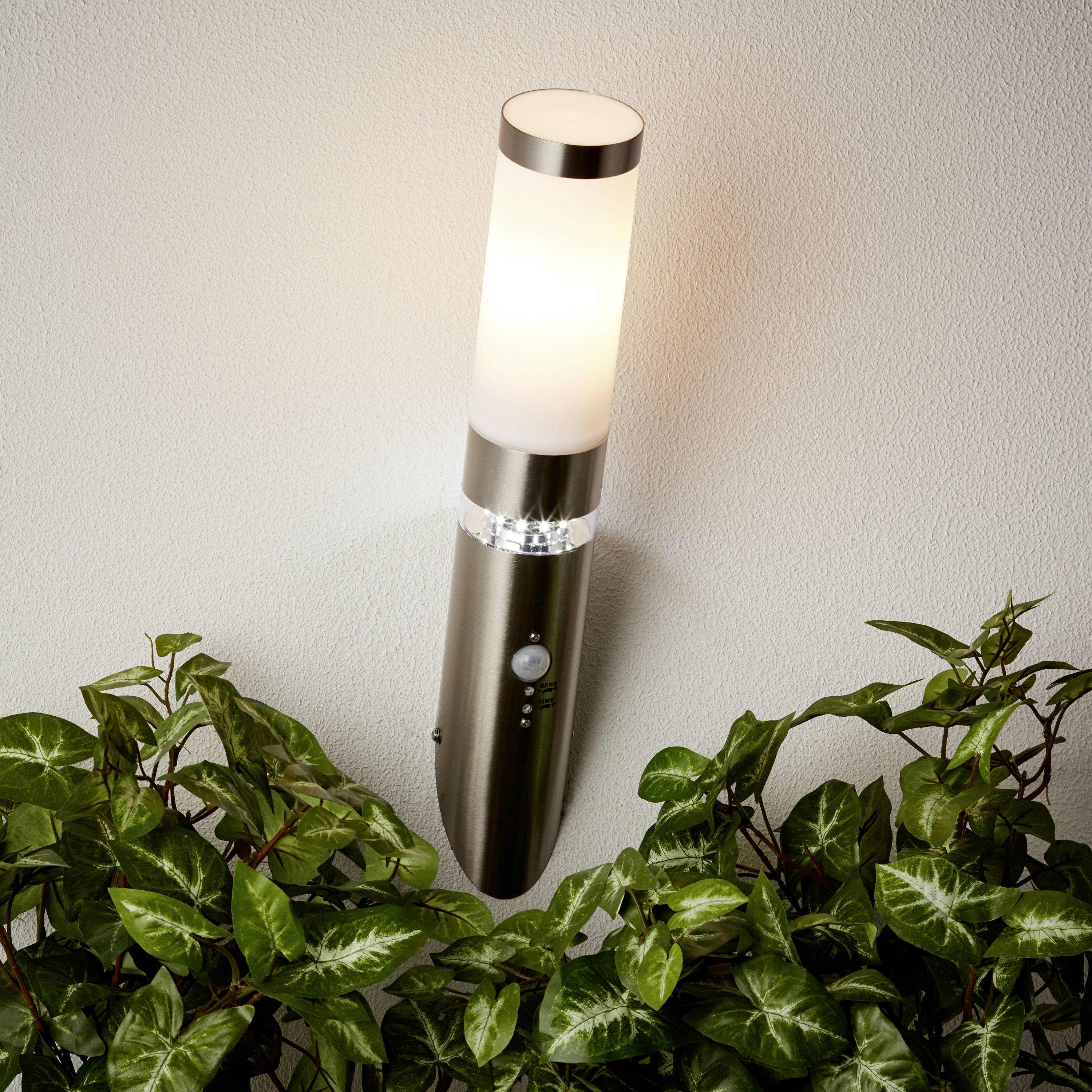 Eine moderne Wandleuchte mit zylindrischem weißen Schirm, beleuchtet, montiert an einer Wand über grünen Blattpflanzen.