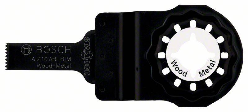 Schwarzes Bosch Sägeblatt mit Starlock-Aufnahme, gekennzeichnet für Holz und Metall. Modell AIZ 10 AB, geeignet für Multitools.