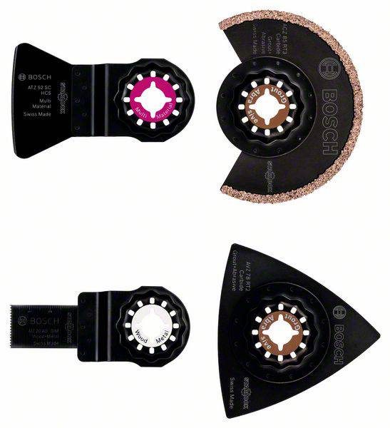 Vier verschiedene Bosch-Sägeblätter für oszillierende Werkzeuge, jedes in unterschiedlicher Form und mit spezifischem Einsatzzweck.