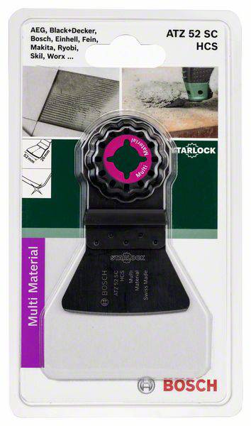 Sägeblatt Bosch ATZ 52 SC HCS für Multi-Material, kompatibel mit verschiedenen Marken. Verpackung zeigt Anwendungshinweise.