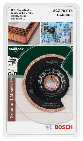 'Bosch ACZ 70 RT5' Starlock-Sägeblatt in Verpackung, geeignet für Fugen und Schleifarbeiten. Kompatibel mit mehreren Werkzeugmarken.