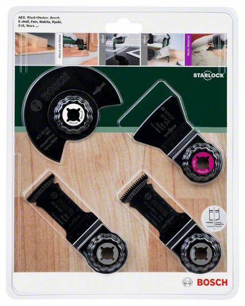 Bosch Starlock Sägeblattset auf Holzuntergrund. Enthält vier verschiedene Klingen für Multitools in schwarzer Verpackung.