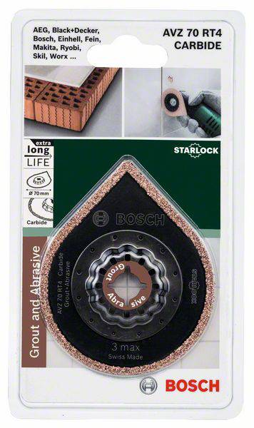 'Bosch AVZ 70 RT4 Hartmetall-Segmentsägeblatt für Fugen und Schleifen.' Verpackung mit Bild des Sägeblatts und kompatiblen Marken.