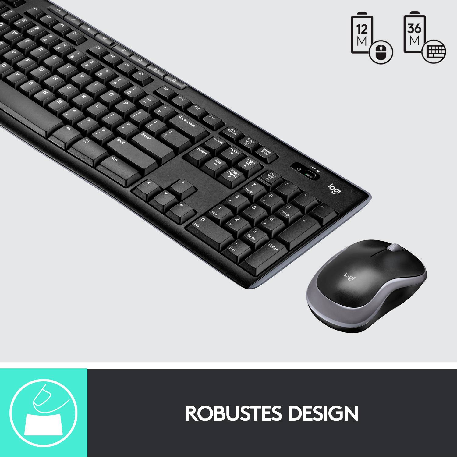Tastatur und Maus-Set in Schwarz. Symbole zeigen 12 Monate Batterielebensdauer und 36 Monate Garantie. Text: 'Robustes Design'.