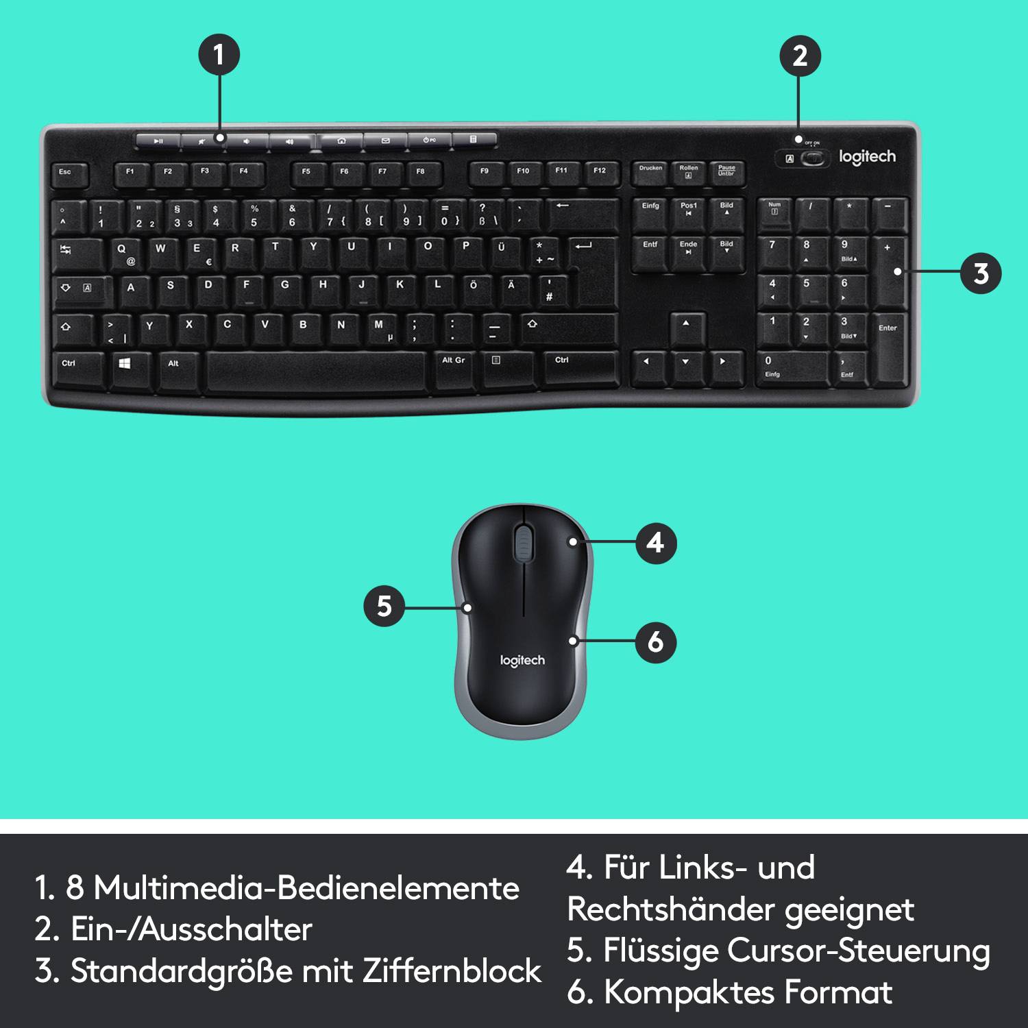 Foto einer Logitech-Tastatur und Maus. Tastatur mit 8 Multimedia-Bedienelementen; geeignet für Linkshänder; kompaktes Format.