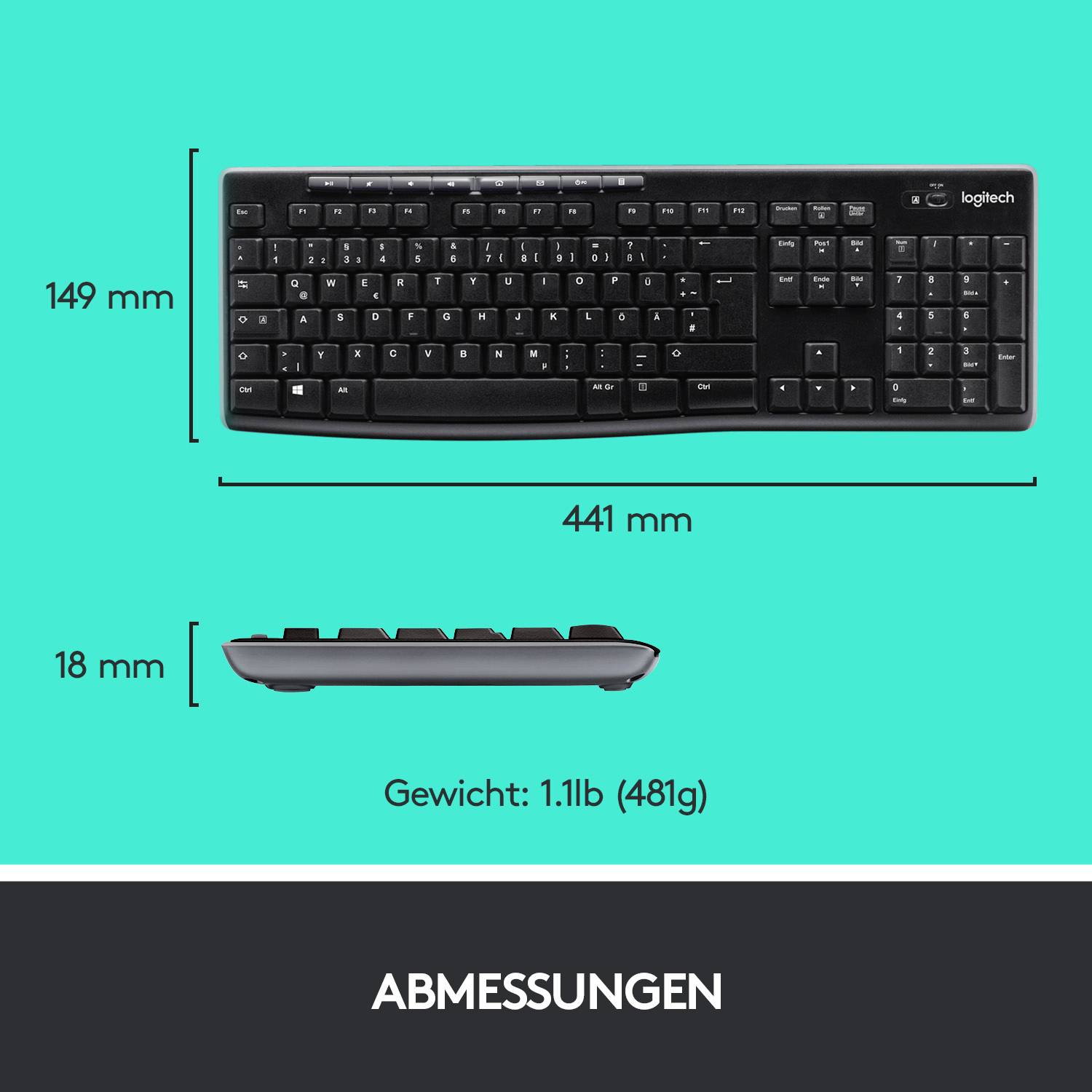 Abmessungen der Tastatur: Breite 441 mm, Höhe 149 mm, Höhe 18 mm. Gewicht: 1,1 lb (481 g).