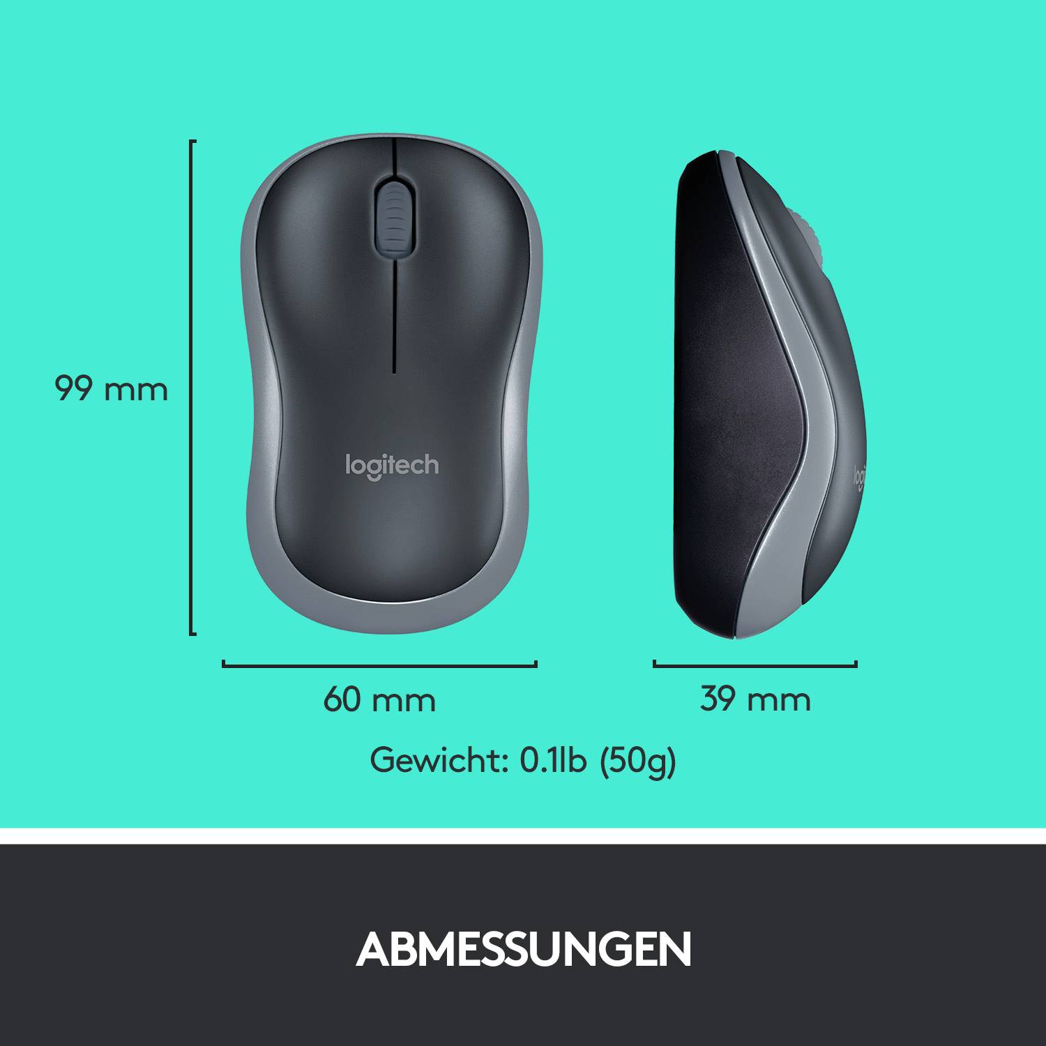 Logitech Maus, Draufsicht und Seitenansicht, Maße: 99mm x 60mm x 39mm, Gewicht: 50g (0,11lb), Text: ABMESSUNGEN.