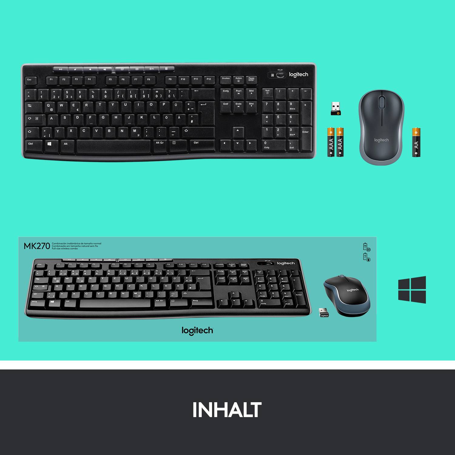 Eine Logitech-Tastatur und Maus mit Batterie, geeignet für Windows-Computer. Modell MK270, schwarze Farbe, kabellos.